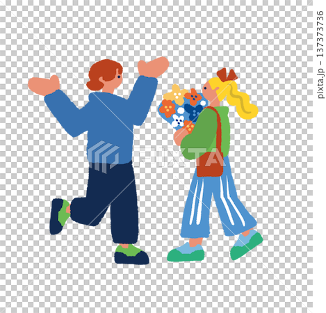 マルシェで花束を選ぶカップルと人々のにぎわう屋外マーケットのイラスト 137373736