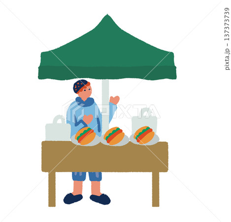 ホットドッグ屋台のあるマルシェイベント風景 人々で賑わう屋外マーケットのイラスト 137373739