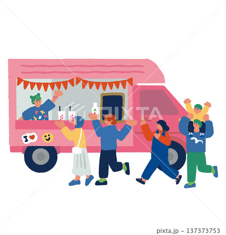 キッチンカーに並ぶ人々のカラフルでフラットなイラスト キッチンカーに並ぶ人々のカラフルでフラットなイラスト 137373753