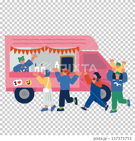 キッチンカーに並ぶ人々のカラフルでフラットなイラスト キッチンカーに並ぶ人々のカラフルでフラットなイラスト 137373753