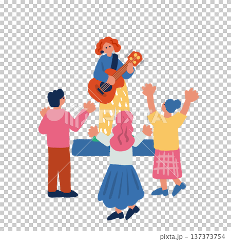 色彩鮮豔的扁平化插畫，描繪了人們欣賞街頭表演的場景。 137373754