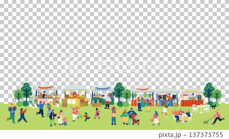 色彩鮮豔的扁平化插畫，描繪了人們在市場購物的場景。 137373755