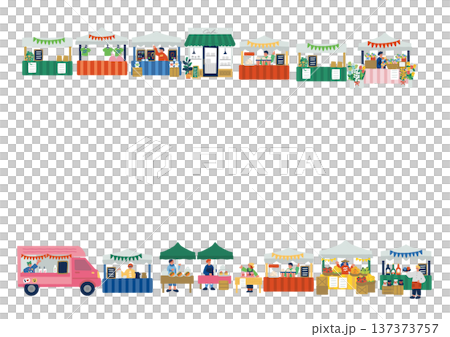 色彩鮮豔的扁平化插畫，描繪了人們在市場購物的場景。 137373757