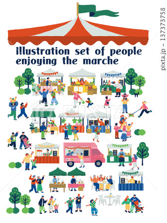 マルシェを楽しむ人々のカラフルでフラットなイラスト 137373758