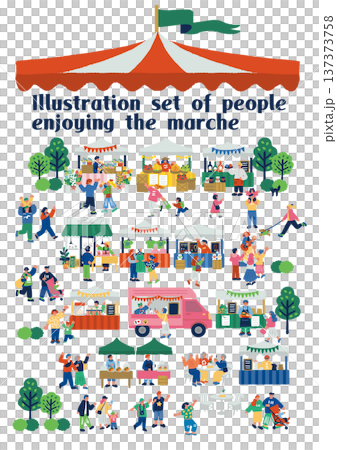 マルシェを楽しむ人々のカラフルでフラットなイラスト 137373758