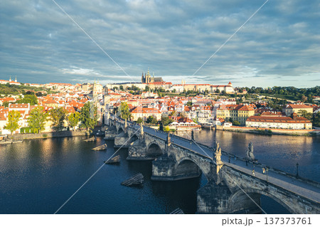 The beauty of Prague Castle and Charles Bridge at dawn. The sun rises over the Vltava River, illuminating the historic buildings and creating a serene atmosphere. The beauty of Prague Castle and Charles Bridge at dawn. The sun rises over the Vltava River, illuminating the historic buildings and creating a serene atmosphere. 137373761