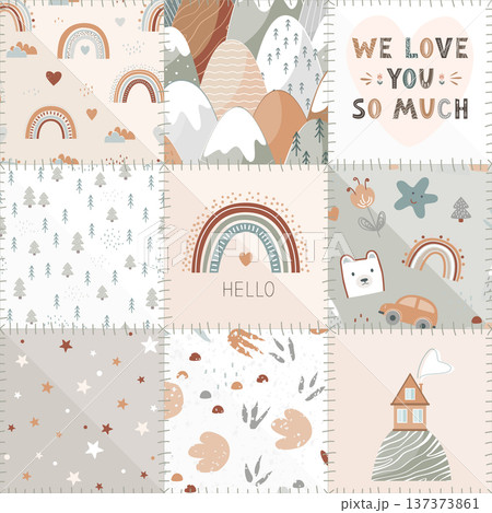 Seamless patchwork pattern with kawaii baby pastel drawing and stylized sews. Cute and cozy nursery background. Vector illustration. Seamless patchwork pattern with kawaii baby pastel drawing and stylized sews. Cute and cozy nursery background. Vector illustration. 137373861
