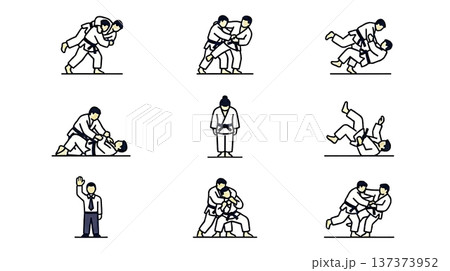 柔道の技と所作アイコンセット9種｜投げ技・抑え込み・受け身・審判・武道アイコンシリーズ・透過PNG 137373952