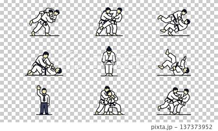 柔道技巧與動作圖示集（共9個）| 投擲技巧、壓制、防禦技巧、裁判、武術圖示系列，透明PNG格式 137373952