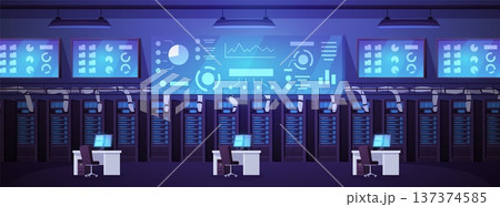 Data center with server racks, engineer workstations, and illuminated monitoring screens. Data center with server racks, engineer workstations, and illuminated monitoring screens. 137374585