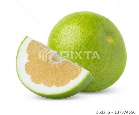 Green citrus sweetie fruit and a slice of sweetie grapefruit, pomelo, pomelit or oroblanco isolated. 137374656