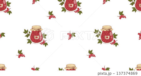 Seamless Pattern with Homemade Red Currant Jam in Glass Jar with Craft Paper Lid on White Background. Horizontal Fruit template. Vector Illustration Seamless Pattern with Homemade Red Currant Jam in Glass Jar with Craft Paper Lid on White Background. Horizontal Fruit template. Vector Illustration 137374869