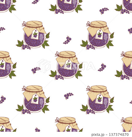 Seamless Pattern with Homemade Black Currant Jam in Glass Jar with Craft Paper Lid, Label tag and Green Leaves on White Background. Fresh Purple Fruit Square template. Vector Illustration 137374870