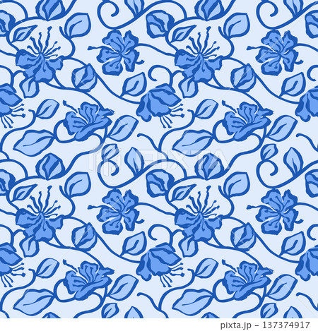 Seamless monochrome blue pattern with hand drawn abstract capparis flowers and leaves vine. Artistic brush strokes trailing floral design 137374917