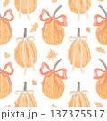 Vector seamless pattern with cute hand-drawn pumpkins in soft autumn colors. Farm, harvest, and Thanksgiving holiday design. Rustic fall vegetable print. 137375517