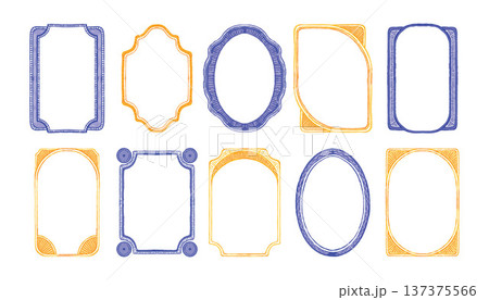 Watercolor vintage doodle frame, hand drawn elegant wedding invitation border, blue yellow decor set Watercolor vintage doodle frame, hand drawn elegant wedding invitation border, blue yellow decor set 137375566