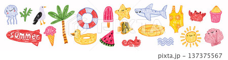 Summer beach kids illustration set, hand drawn sea coastal funny scribble naive childish marine icon Summer beach kids illustration set, hand drawn sea coastal funny scribble naive childish marine icon 137375567