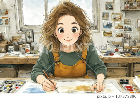 美優シリーズ｜絵を描く若い女性・アート制作とクリエイティブな仕事のイメージイラスト 137375896