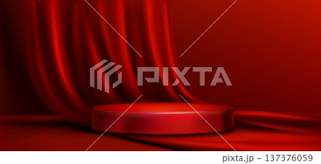 Red podium with scarlet velvet curtain frame Red podium with scarlet velvet curtain frame 137376059