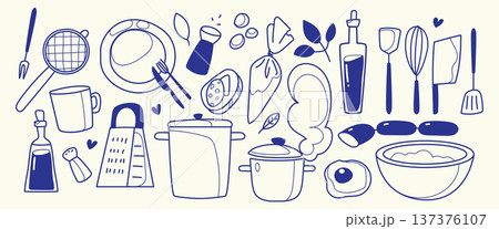 Doodle set of kitchen items and food on white 137376107