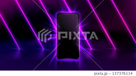 Smartphone mockup,glowing neon purple laser lines Smartphone mockup,glowing neon purple laser lines 137376114