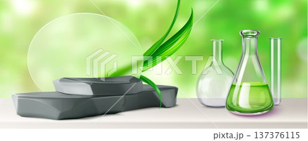 Podium with transparent lab glassware and circles 137376115