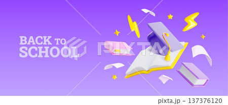 3D back to school banner, books and graduation cap 137376120