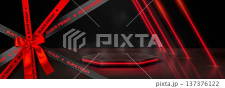 Black Friday sale podium, 3D stage, black red tape 137376122