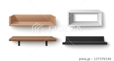 3D wooden shelves set isolated on white background 137376140