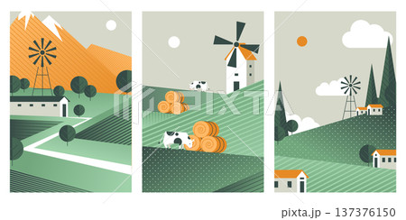 Summer landscape, green fields, rolling hills and cows 137376150