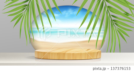 Summer beach podium with palm trees and ocean view Summer beach podium with palm trees and ocean view 137376153