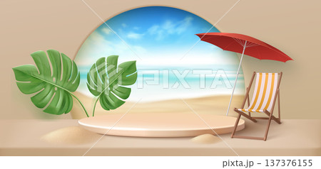 Summer beach banner with round platform on beige Summer beach banner with round platform on beige 137376155