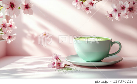 Matcha Latte, spring. pastel green cup of matcha latte with latte art sits on saucer surrounded by cherry blossoms 137376218