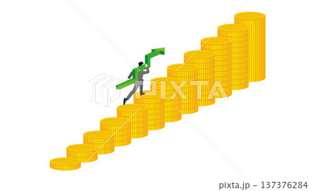Isometric businessman carrying green upward growth arrow running up gold coin stacks graph for financial profit success money investment strategy and wealth management concept 137376284