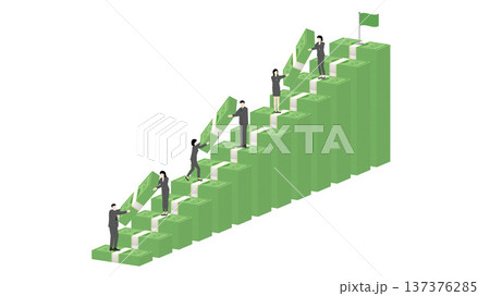 Isometric business teamwork with men and women carrying banknotes up stack graph towards goal flag for financial success money growth investment strategy and wealth management Isometric business teamwork with men and women carrying banknotes up stack graph towards goal flag for financial success money growth investment strategy and wealth management 137376285
