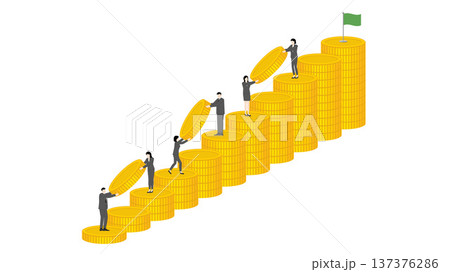 Isometric business teamwork with men and women carrying gold coins up stack graph towards goal flag for financial success money growth investment strategy and wealth management Isometric business teamwork with men and women carrying gold coins up stack graph towards goal flag for financial success money growth investment strategy and wealth management 137376286
