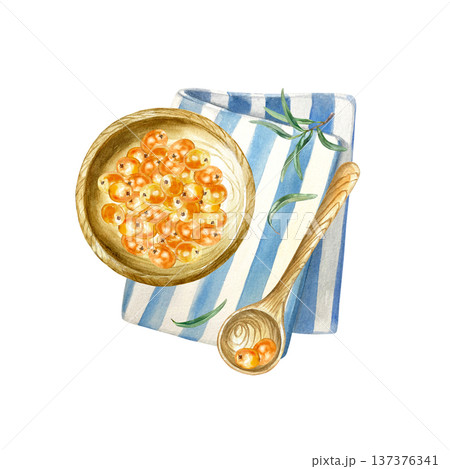Sea buckthorn berries in a wooden bowl with a spoon, resting on a blue striped textile napkin. Hand drawn watercolor illustration, isolated. Suitable for label design for tea, jam, oil and cosmetics. 137376341