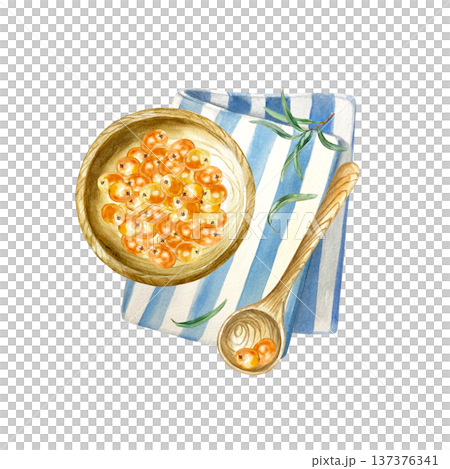 Sea buckthorn berries in a wooden bowl with a spoon, resting on a blue striped textile napkin. Hand drawn watercolor illustration, isolated. Suitable for label design for tea, jam, oil and cosmetics. Sea buckthorn berries in a wooden bowl with a spoon, resting on a blue striped textile napkin. Hand drawn watercolor illustration, isolated. Suitable for label design for tea, jam, oil and cosmetics. 137376341