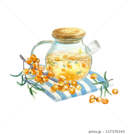 Sea buckthorn tea in a glass teapot with a botanical sprig and ripe berries on a textile napkin. Hand drawn watercolor illustration, isolated. For tea label and cafe menu design. 137376343
