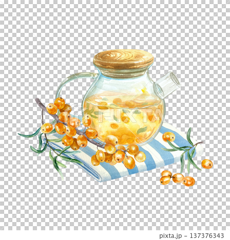 Sea buckthorn tea in a glass teapot with a botanical sprig and ripe berries on a textile napkin. Hand drawn watercolor illustration, isolated. For tea label and cafe menu design. 137376343