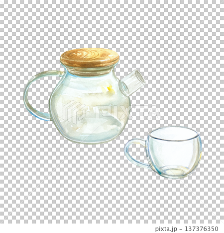 Glass teapot and cup. Empty. Hand drawn watercolor illustration of teaware, isolated. For tea label and cafe menu design. 137376350