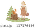 Watercolour forest stump with squirrel and girl, woodland drawing. Isolated hand drawn illustration, forest in summer 137376436