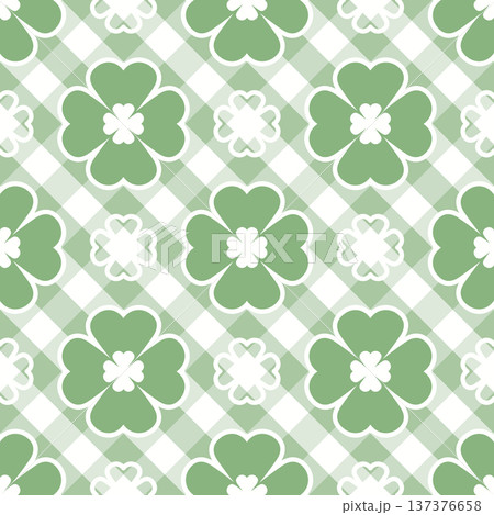 Seamless St. Patrick's Day Pattern with Green Clovers on Green and White Diagonal Gingham Background for Festive Decoration and Textile Design Seamless St. Patrick's Day Pattern with Green Clovers on Green and White Diagonal Gingham Background for Festive Decoration and Textile Design 137376658