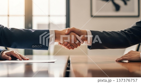 スーツ姿の会社員同士が握手する商談成立の場面接写背景ぼけ 137376757