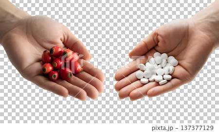 Split concept showing natural rosehip berries versus pharmaceutical pills, representing the choice between holistic remedies and conventional medicine Split concept showing natural rosehip berries versus pharmaceutical pills, representing the choice between holistic remedies and conventional medicine 137377129