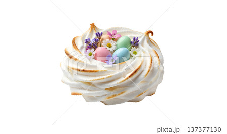 Delicate, crispy meringue nest shaped for easter, filled with tiny pastel candy eggs and adorned with edible spring flowers Delicate, crispy meringue nest shaped for easter, filled with tiny pastel candy eggs and adorned with edible spring flowers 137377130