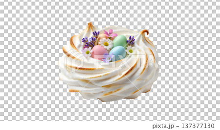 Delicate, crispy meringue nest shaped for easter, filled with tiny pastel candy eggs and adorned with edible spring flowers Delicate, crispy meringue nest shaped for easter, filled with tiny pastel candy eggs and adorned with edible spring flowers 137377130