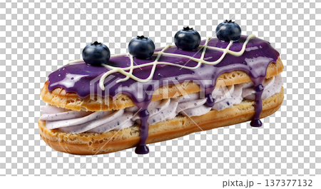 Classic french eclair with glossy chocolate icing, filled with a vibrant purple blueberry cream and topped with a fresh blueberry Classic french eclair with glossy chocolate icing, filled with a vibrant purple blueberry cream and topped with a fresh blueberry 137377132