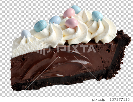 Decadent slice of rich chocolate pie topped with fluffy whipped cream and colorful easter candy eggs, perfect for holiday dessert tables Decadent slice of rich chocolate pie topped with fluffy whipped cream and colorful easter candy eggs, perfect for holiday dessert tables 137377136