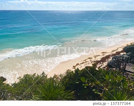 Coast of the Tulum beach, Mexico, bathed by the blue waters of the caribbean sea 137377164